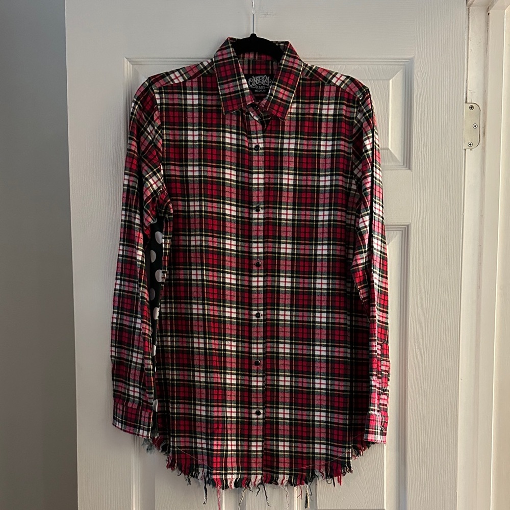 One 24 Rags Plaid Button Down Shirt with Santa on the back!